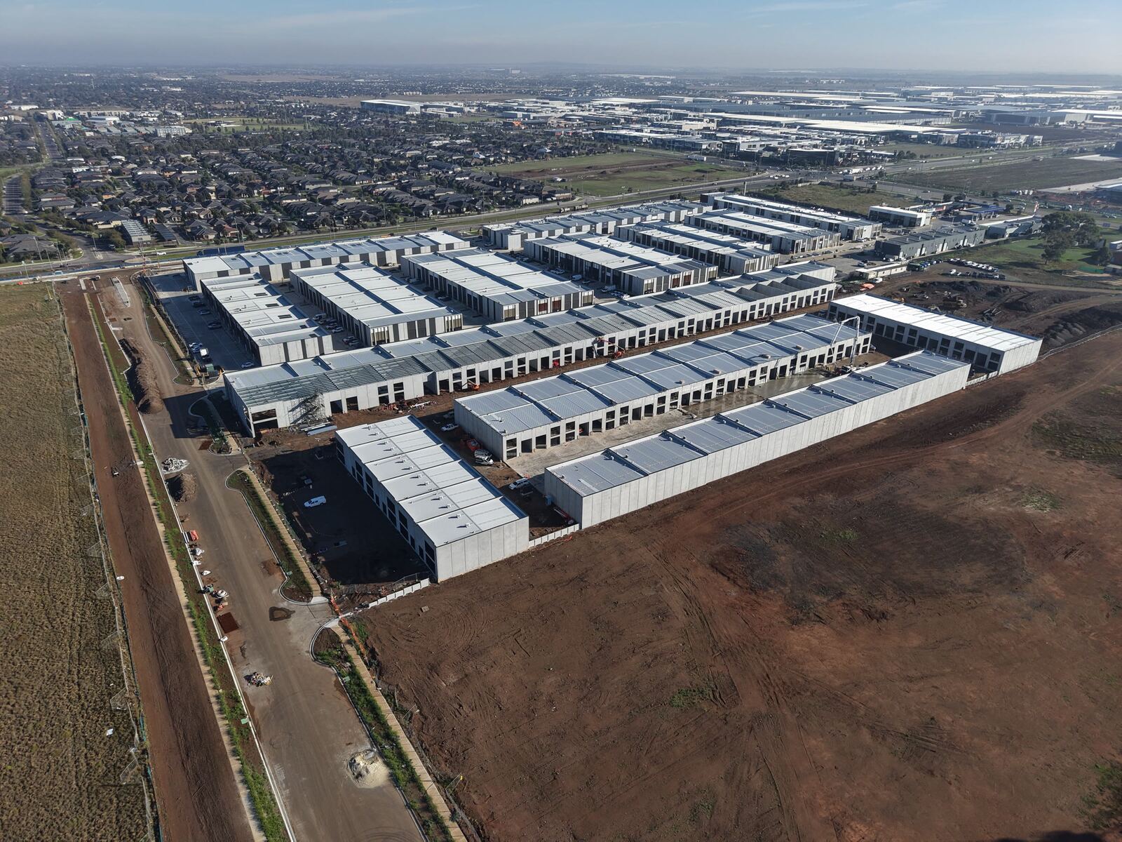 Aerial view of Mode Business Park East warehouses for sale, Truganina VIC