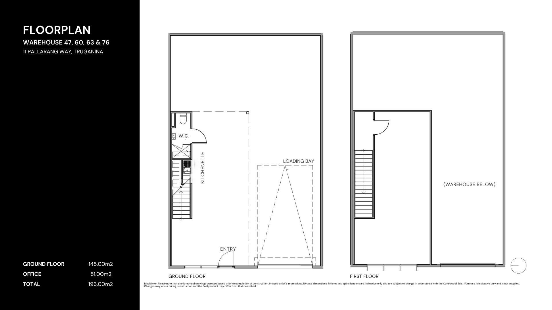 Floorplan of a 196 m² warehouse (Warehouses 47–60, 69–71, 73–75), Mode Business Park East Truganina